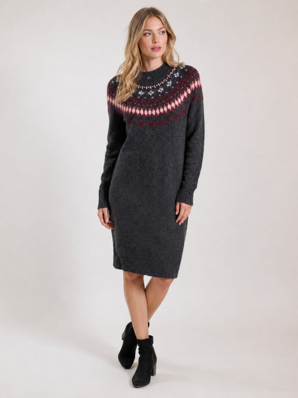 J. Crew Flair Isle Embroidered Wool Tricot Tunic Sweater Dress Charcoal #A2864